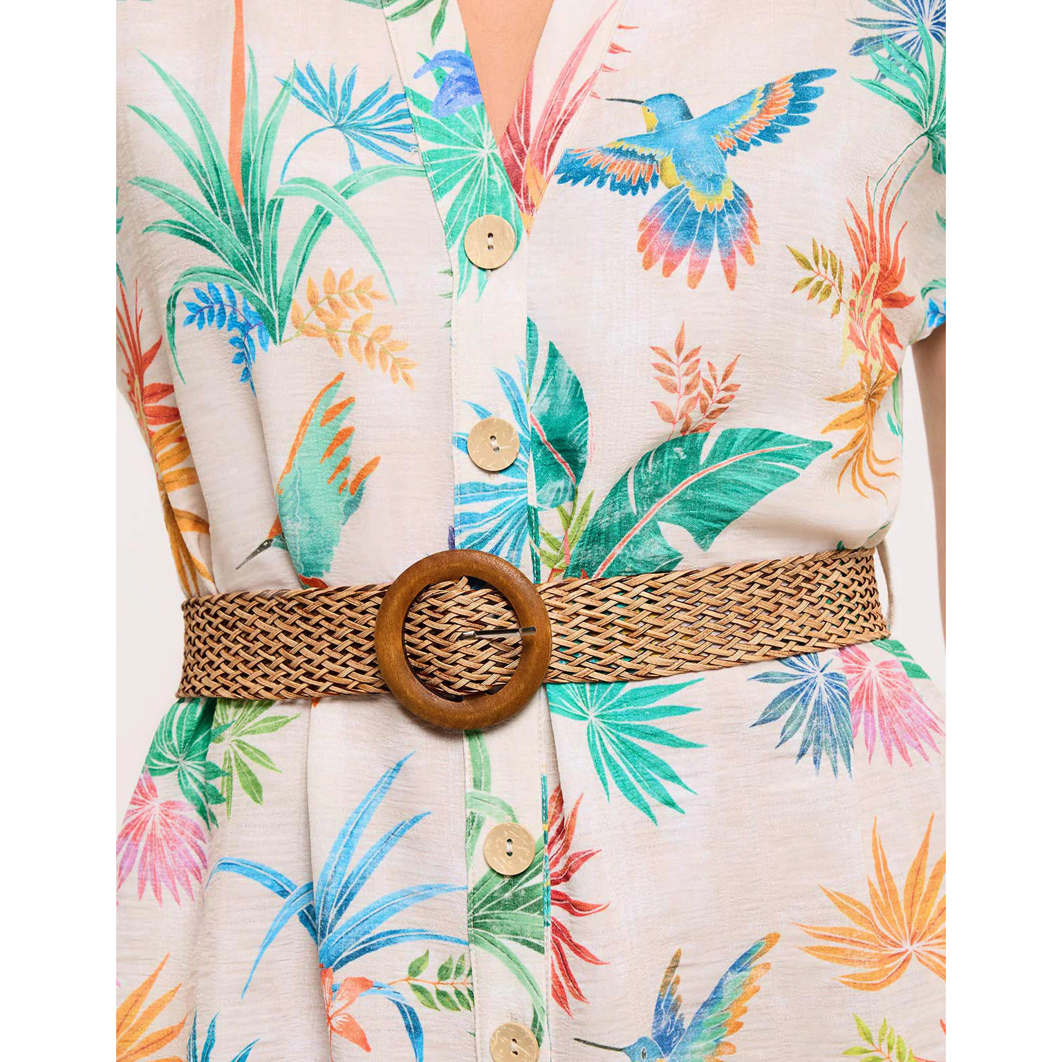 Vestido Camisero Colibríes con Cinturón - Calimea