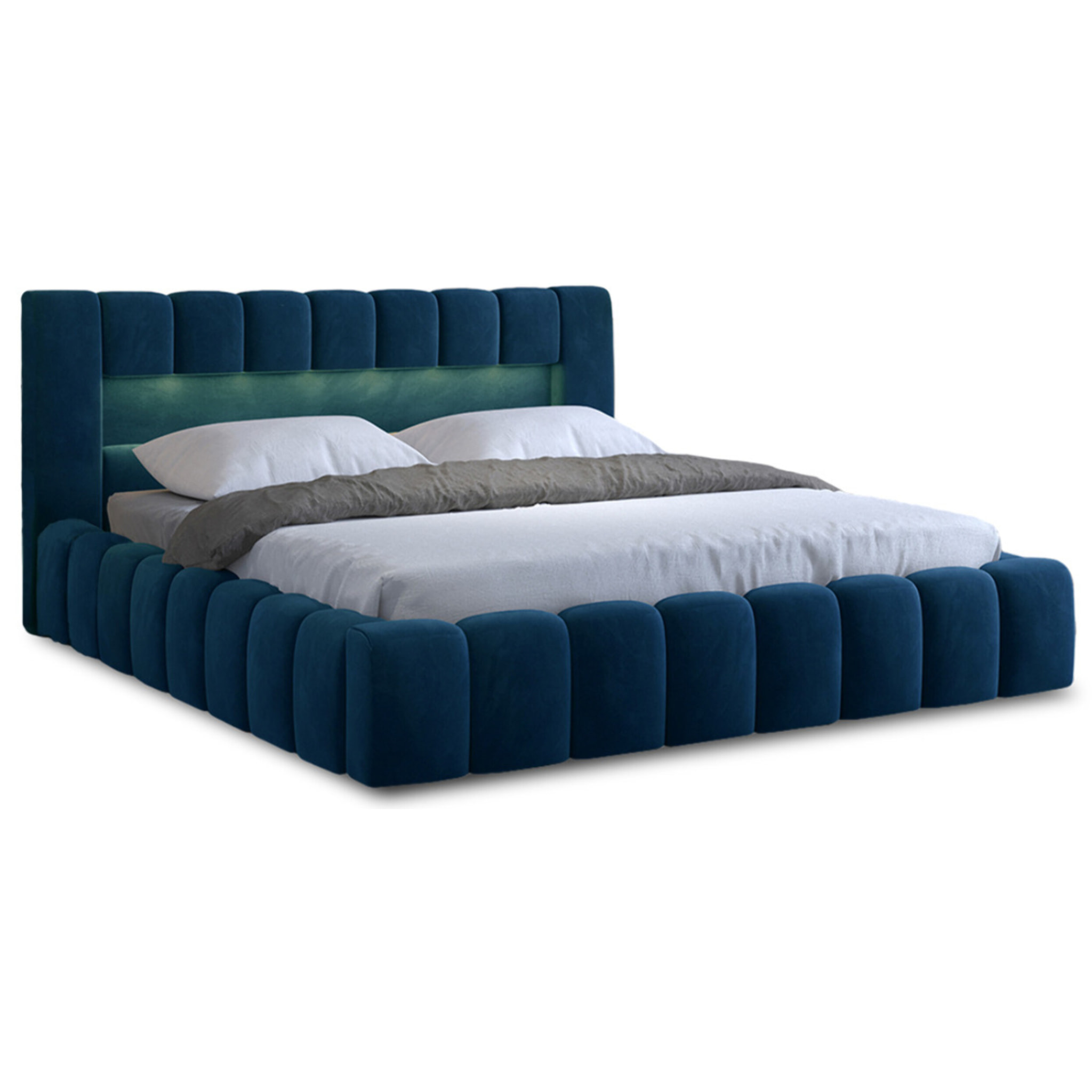 Cleo - lit coffre avec led - 180x200 cm - sommier inclus - en velours - Bleu canard