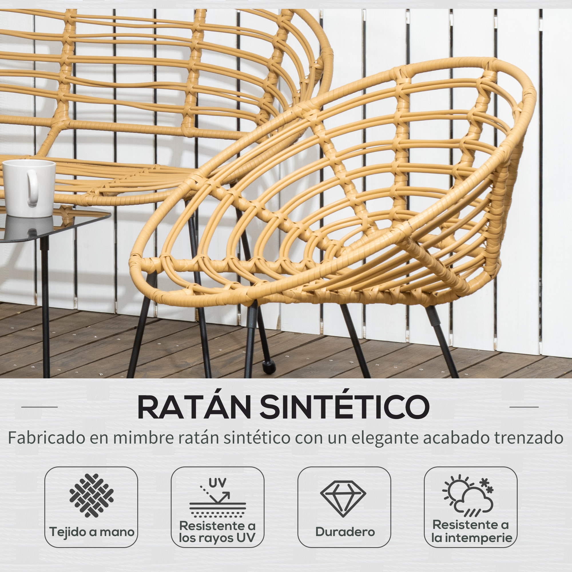 Conjunto de Jardín Exterior de Ratán Sintético de 4 Piezas Muebles de Jardín Exterior Incluye 1 Sofá Doble 2 Sillones y Mesa de Vidrio con Cojines Natural y Negro