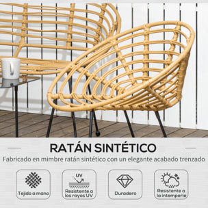 Conjunto de Jardín Exterior de Ratán Sintético de 4 Piezas Muebles de Jardín Exterior Incluye 1 Sofá Doble 2 Sillones y Mesa de Vidrio con Cojines Natural y Negro