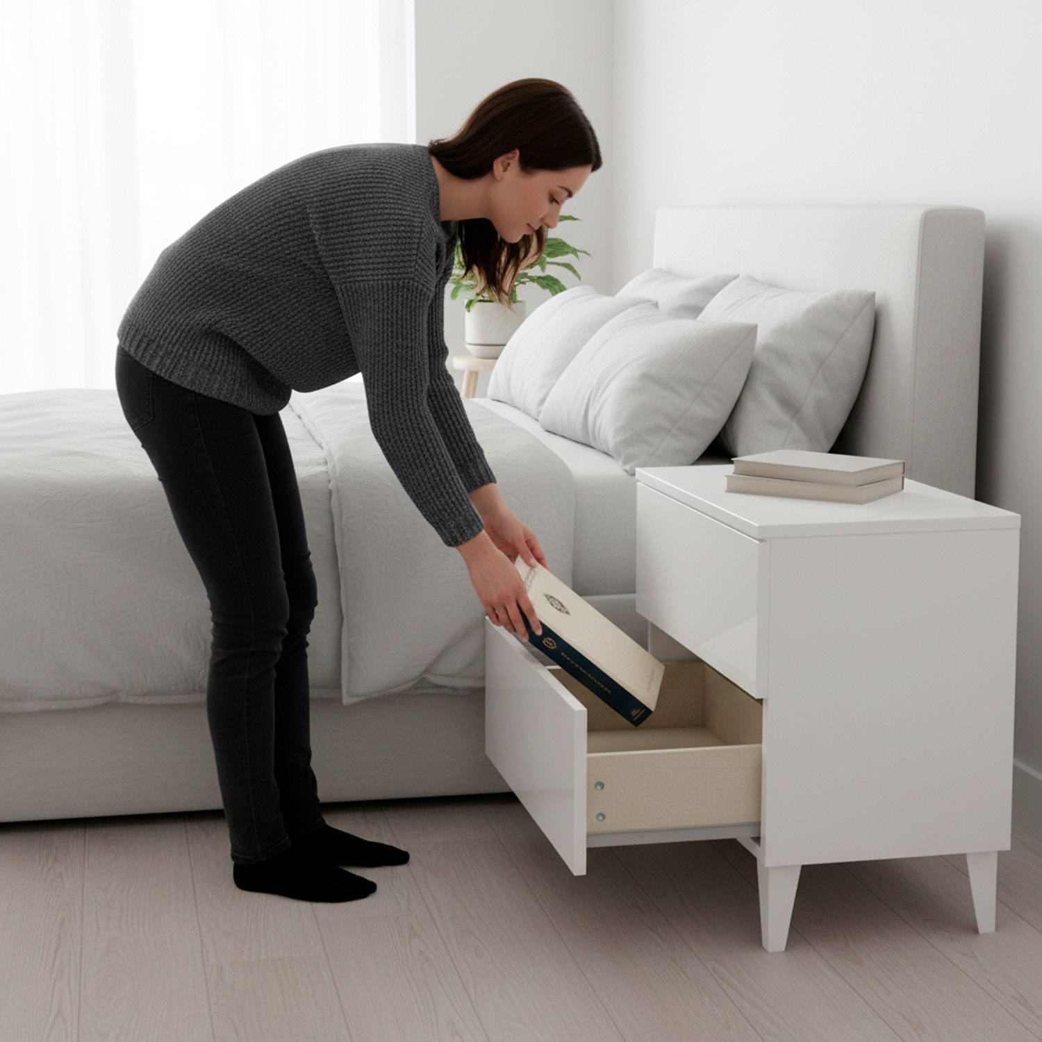 Comodino Con 2 Cassetti Cassettiera Settimino Mobile Da Camera Da Letto Moderno Mobiletto Con Piedini Montaggio Facile 50 x 34 x 39 Cm Bianco Lucido