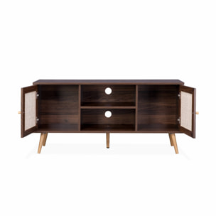 Meuble TV en cannage 120x39x56.5cm -  Bohème - couleur bois foncé. 2 niveaux. 2 étagères. 2 portes. pieds scandinaves