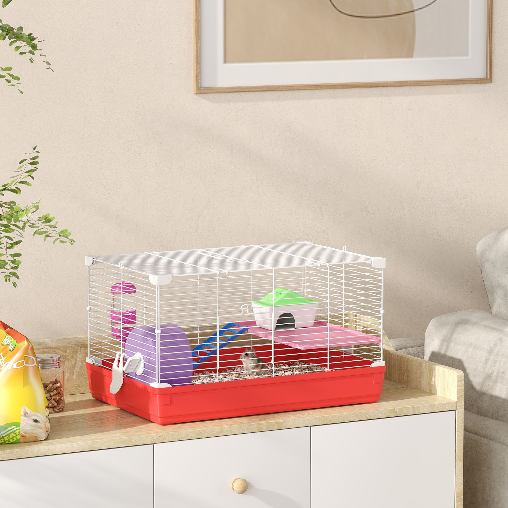 Cage rongeur hamster 2 niveaux cabane roue échelle biberon mangeoire 47 x 30 x 27 cm blanc rouge