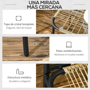 Conjunto de Jardín de Ratán Sintético Juego de 4 Piezas Muebles de Jardín con 2 Sillones 1 Sofá Doble 1 Mesa de Centro con Tablero de Vidrio y Cojines Natural y Negro