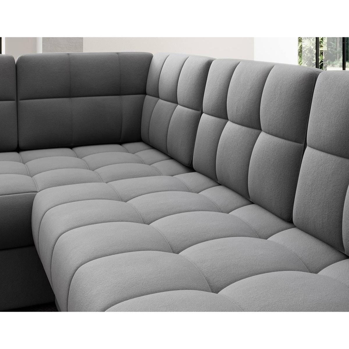 Nappa - Canapé panoramique d'angle gauche 7 places convertible avec coffre en velours - Gris clair