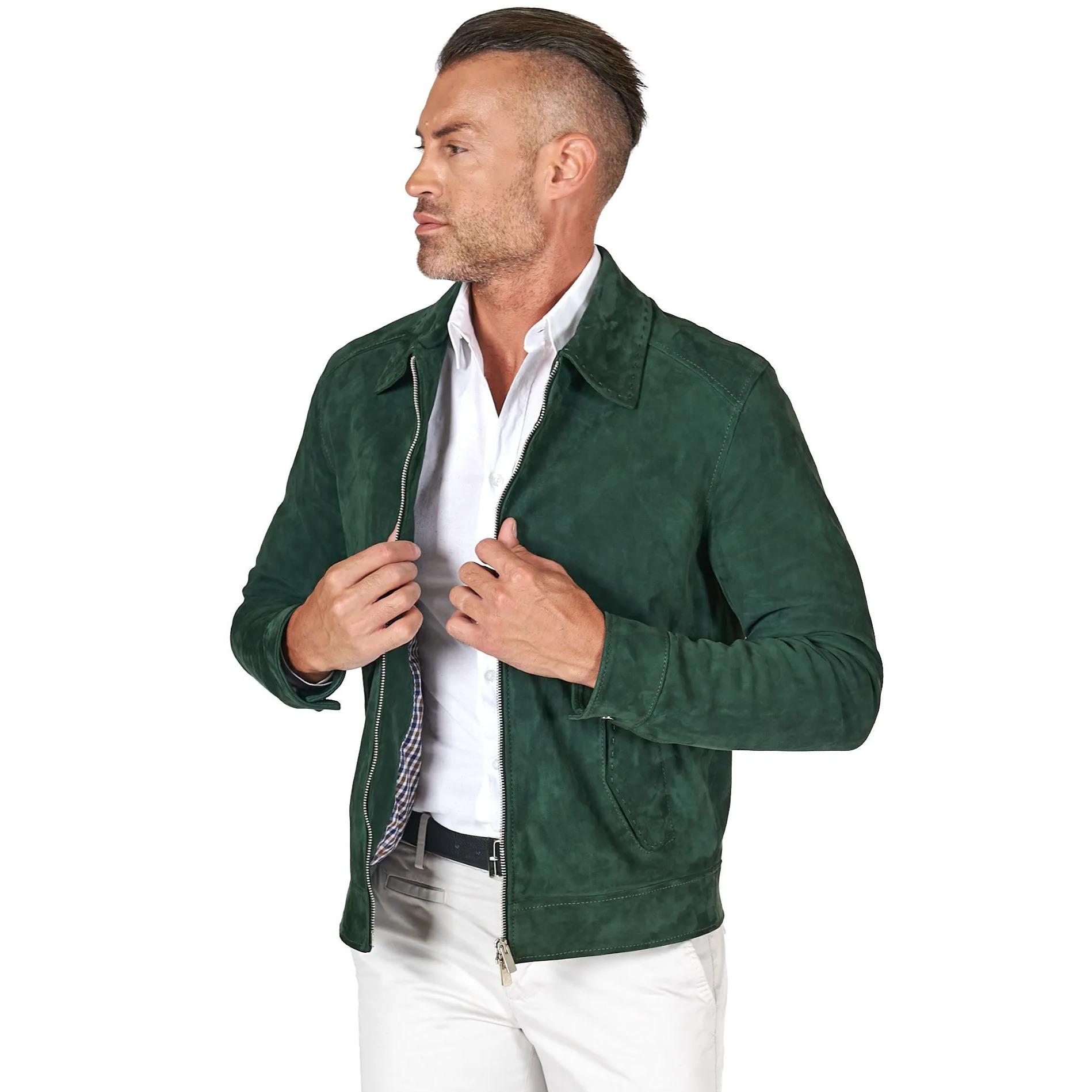 Giacca in camoscio color verde impunturata colletto camicia