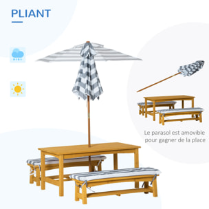 Ensemble salon de jardin enfant 4 pièces style pique-nique - 2 bancs, table, parasol - sapin lasuré miel polyester gris blanc rayé