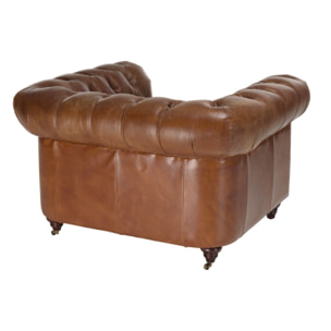 GASTON - Fauteuil marron CHESTERFIELD capitonné vintage 1 place cuir pieds bois