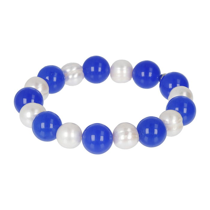 Bracciale Elastico con Quarzo Blu e Perle d'Acqua Dolce Bianche Ø 9.5/10.5 mm