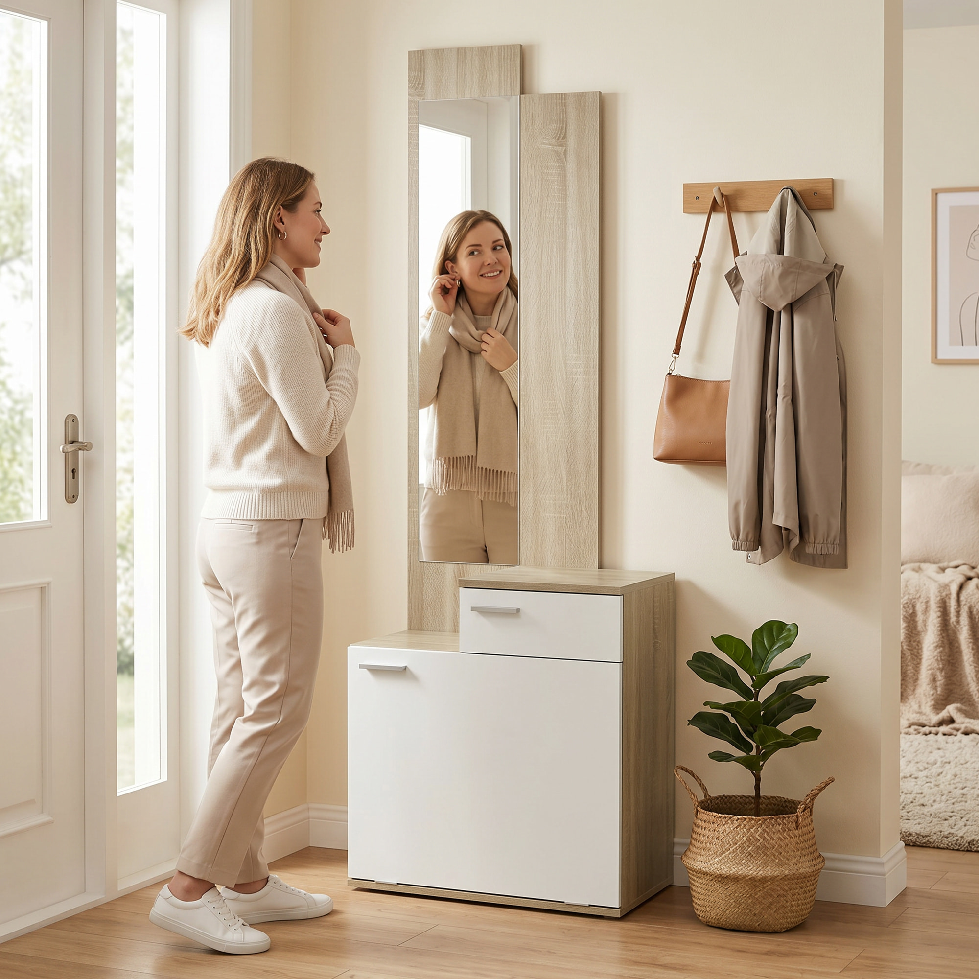 HOMCOM Recibidor de Entrada con Espejo y Zapatero Abatible, Mueble Recibidor de 2 Piezas con Asiento, Cajón, Mesa Pequeña para Pasillo, 61x30x170 cm, Blanco