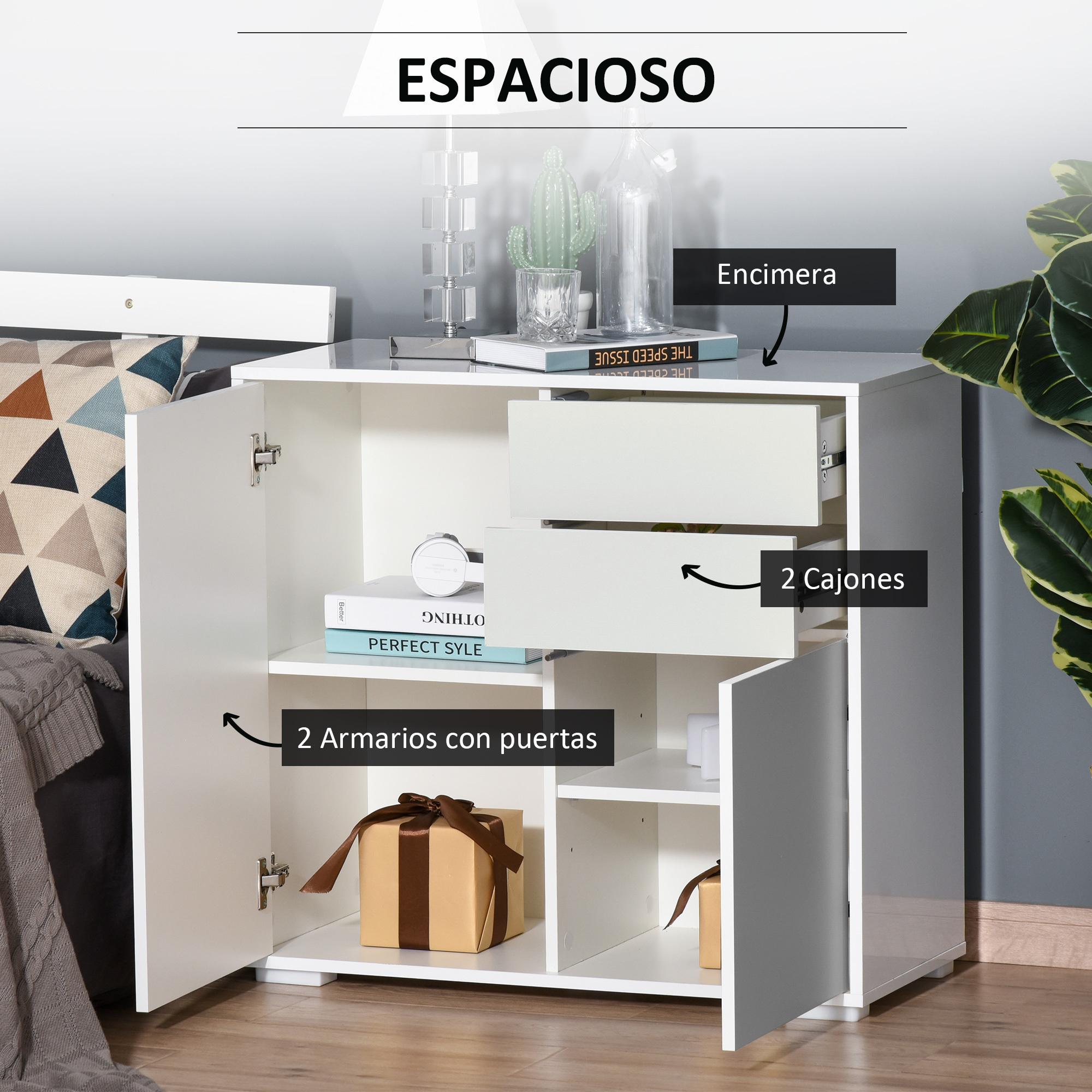 Aparador para Cocina con 2 Puertas 2 Cajones Marco de Blanco Brillante Estante Ajustable Apertura a Presión Armario de Almacenamiento para Dormitorio Salón 79x36x74 cm Blanco