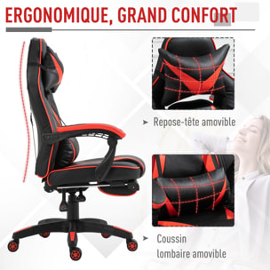 HOMCOM Fauteuil gamer grand confort fauteuil de bureau gamer pivotant inclinable avec coussins et repose-pieds revêtement synthétique noir rouge