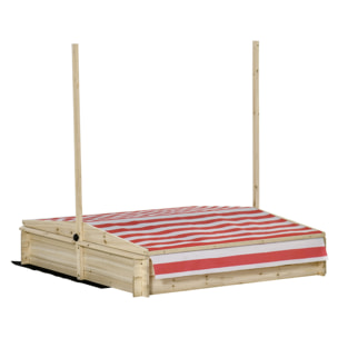 Bac à sable bois carré dim. 1,18L x 1,18l x 1,18H m - hauteur, inclinaison toit réglables, refermable - 2 bacs - bois sapin autoclave