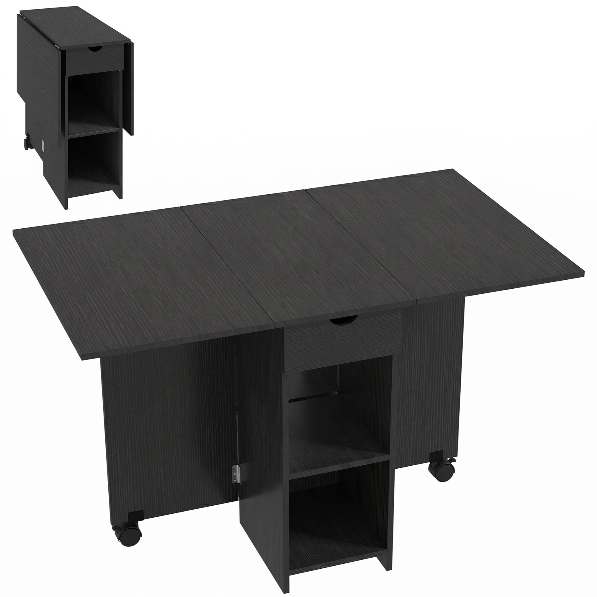 Table à manger pliable extensible 4 personnes - 2 abattants, 2 étagères, tiroir, roulettes - aspect bois noir