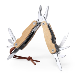 Multifunzione Folnax in acciaio inox e bambù con 12 funzioni, include una tracolla in similpelle.