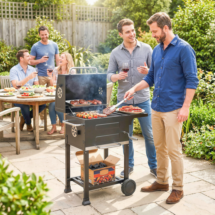 Barbacoa de Carbón Portátil, Barbacoa de Carbón con Termómetro, Ventilación Ajustable, Parrilla de Acero Inoxidable, Estante Lateral, Tapa, Bandeja Cenizas, Ruedas, Estante Inferior, Negro
