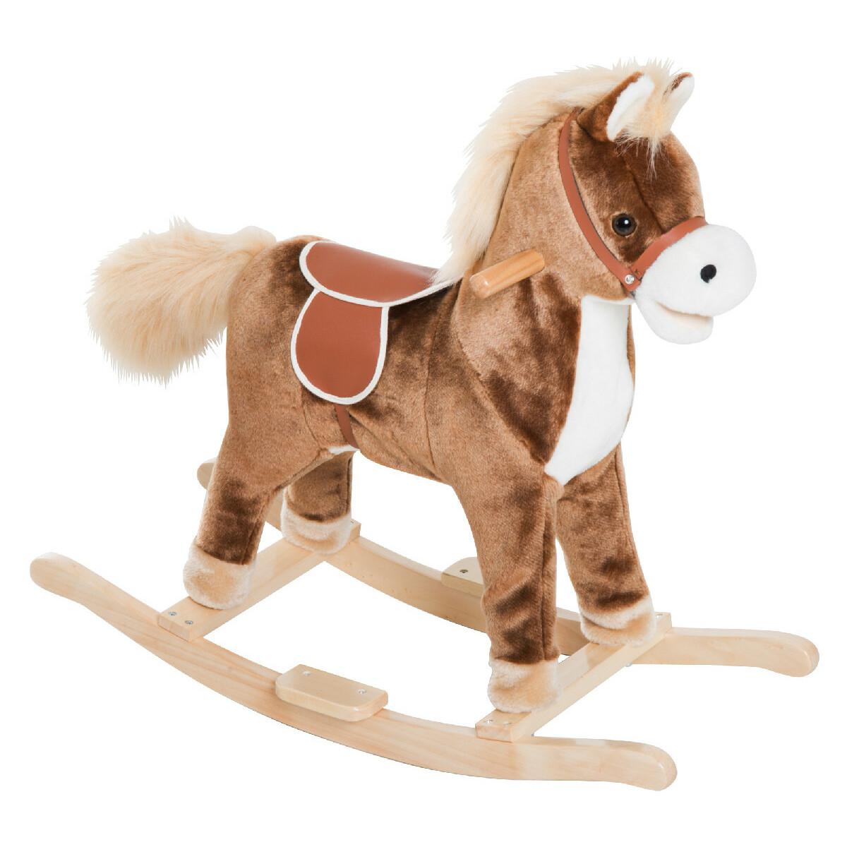 Cheval à bascule cheval de cowboy selle grand confort peluche courte douce bois peuplier marron