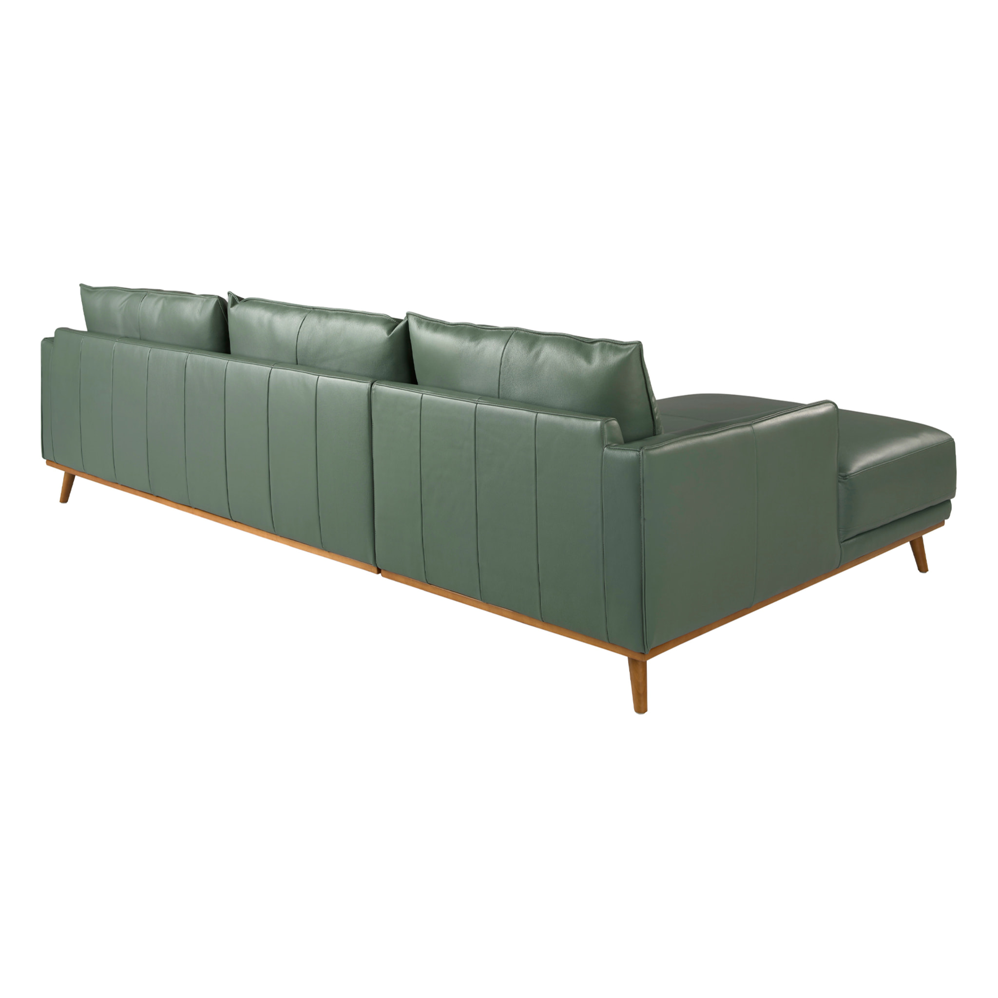 Sofá chaise longue izquierda de 5 plazas tapizado en piel de origen vacuno en verde patas de madera en miel 295x160x90cm