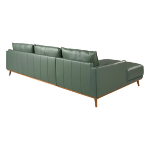 Sofá chaise longue izquierda de 5 plazas tapizado en piel de origen vacuno en verde patas de madera en miel 295x160x90cm