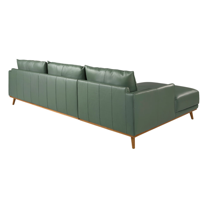 Sofá chaise longue izquierda de 5 plazas tapizado en piel de origen vacuno en verde patas de madera en miel 295x160x90cm