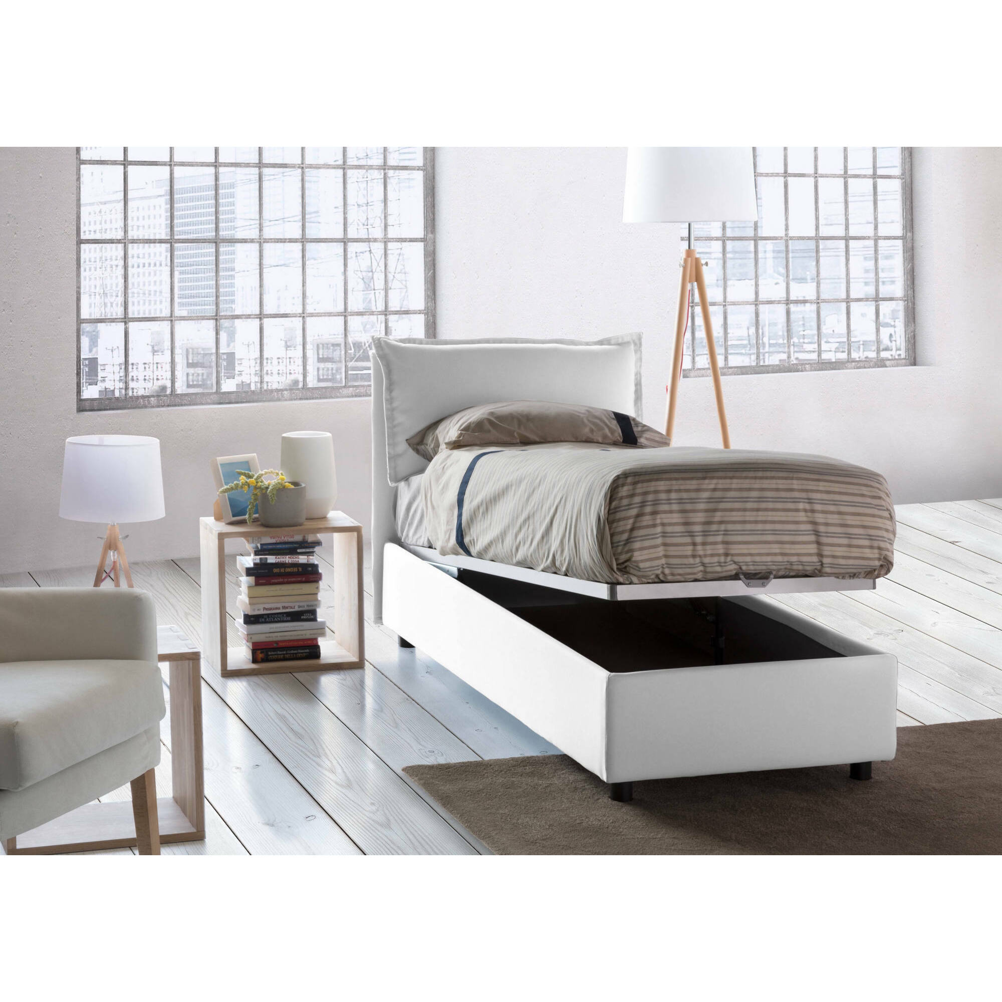 Letto singolo Aigor, Letto contenitore con rivestimento in tessuto, 100% Made in Italy, Apertura frontale, adatto per materasso Cm 90x190, Bianco