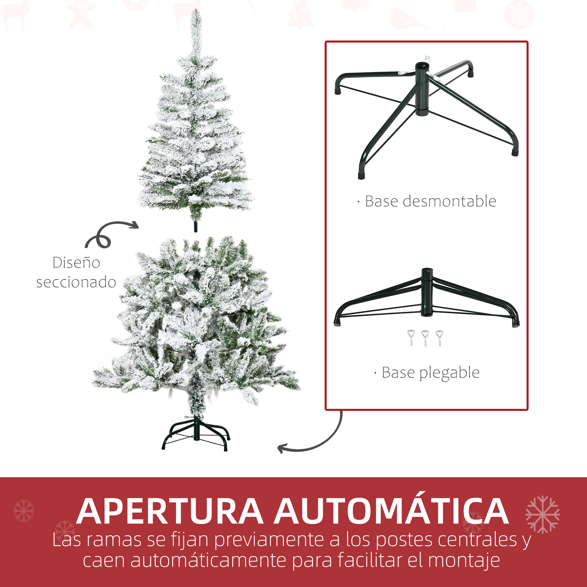 Árbol de Navidad Artificial 150 cm con Nieve Ignífugo con 358 Ramas Apertura Automática Base Plegable y Soporte Metálico Decoración Navideña para Interiores Verde