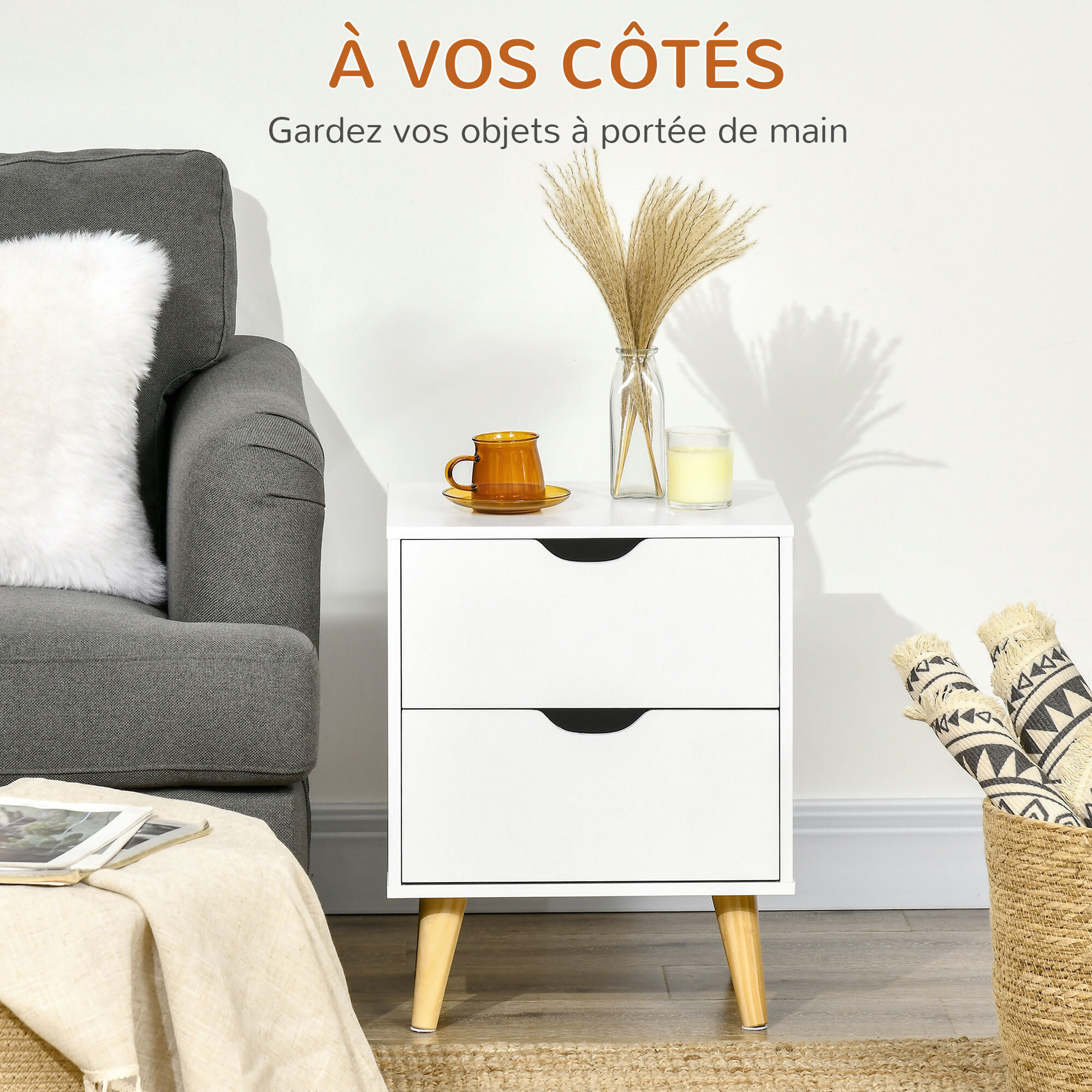 Chevet table de nuit design scandinave 2 tiroirs piètement bois pin panneaux particules blanc