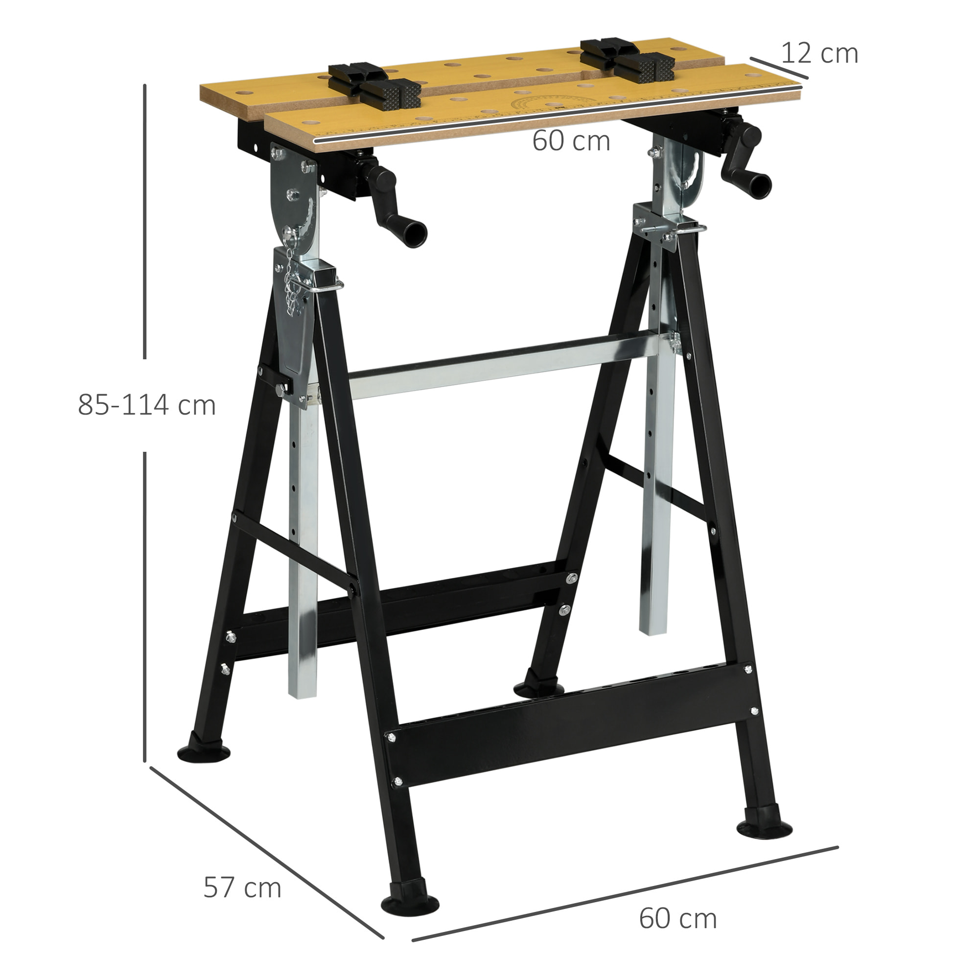 Banco de Trabajo Ajustable en Altura con 4 Clavijas Giratorias Tableros Ajustables en ángulo y Distancia 65x57x85-114 cm Madera Natural y Negro