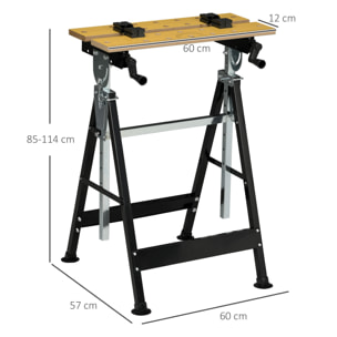 Banco de Trabajo Ajustable en Altura con 4 Clavijas Giratorias Tableros Ajustables en ángulo y Distancia 65x57x85-114 cm Madera Natural y Negro