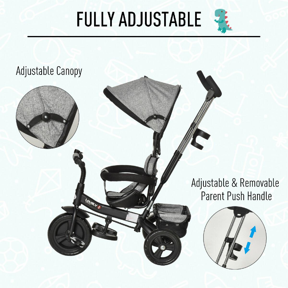 Tricycle enfant évolutif pare-soleil pliable canne  télescopique amovible 92 x 51 x 110 cm acier gris noir