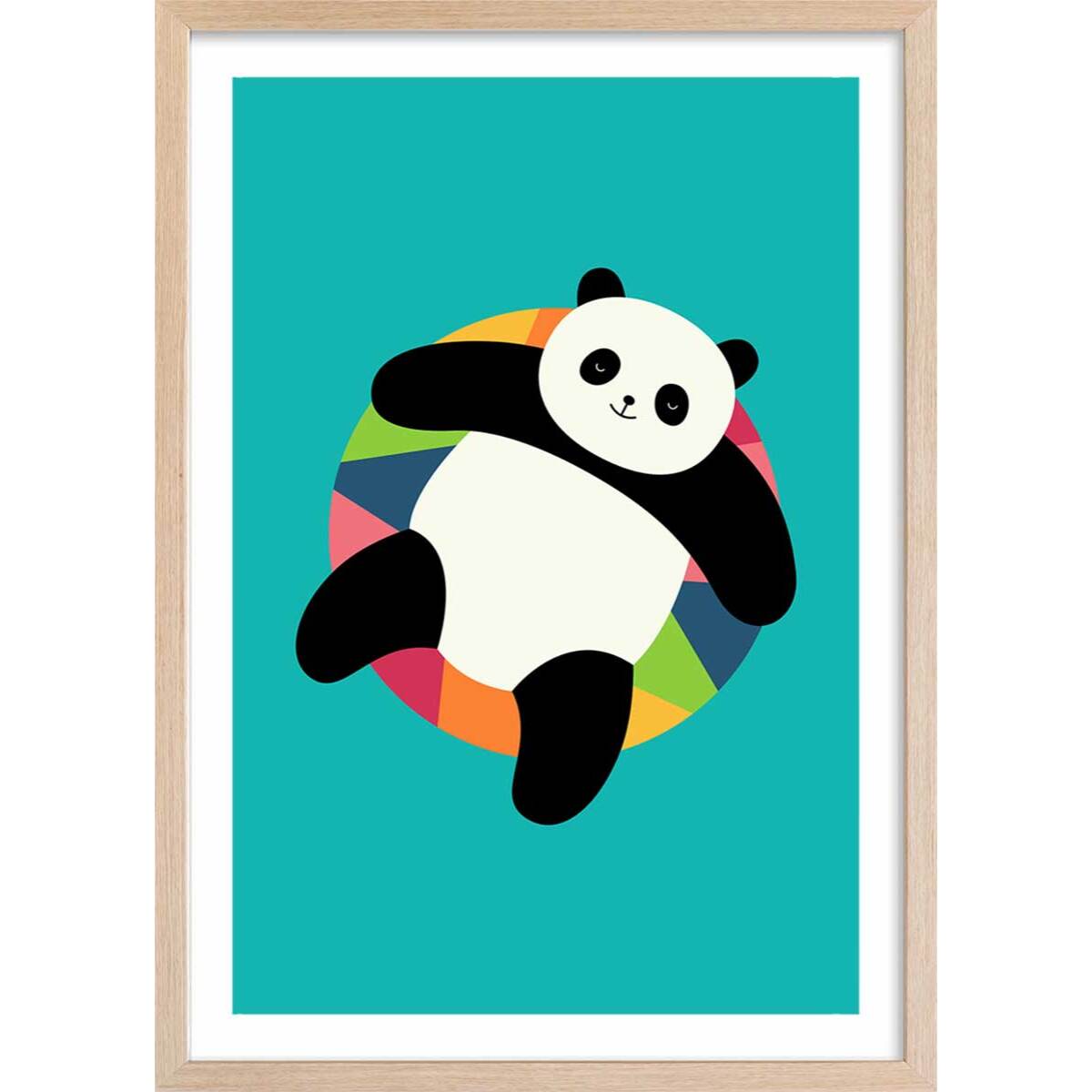 Affiche enfant pool party panda Affiche + cadre en bois - Chêne