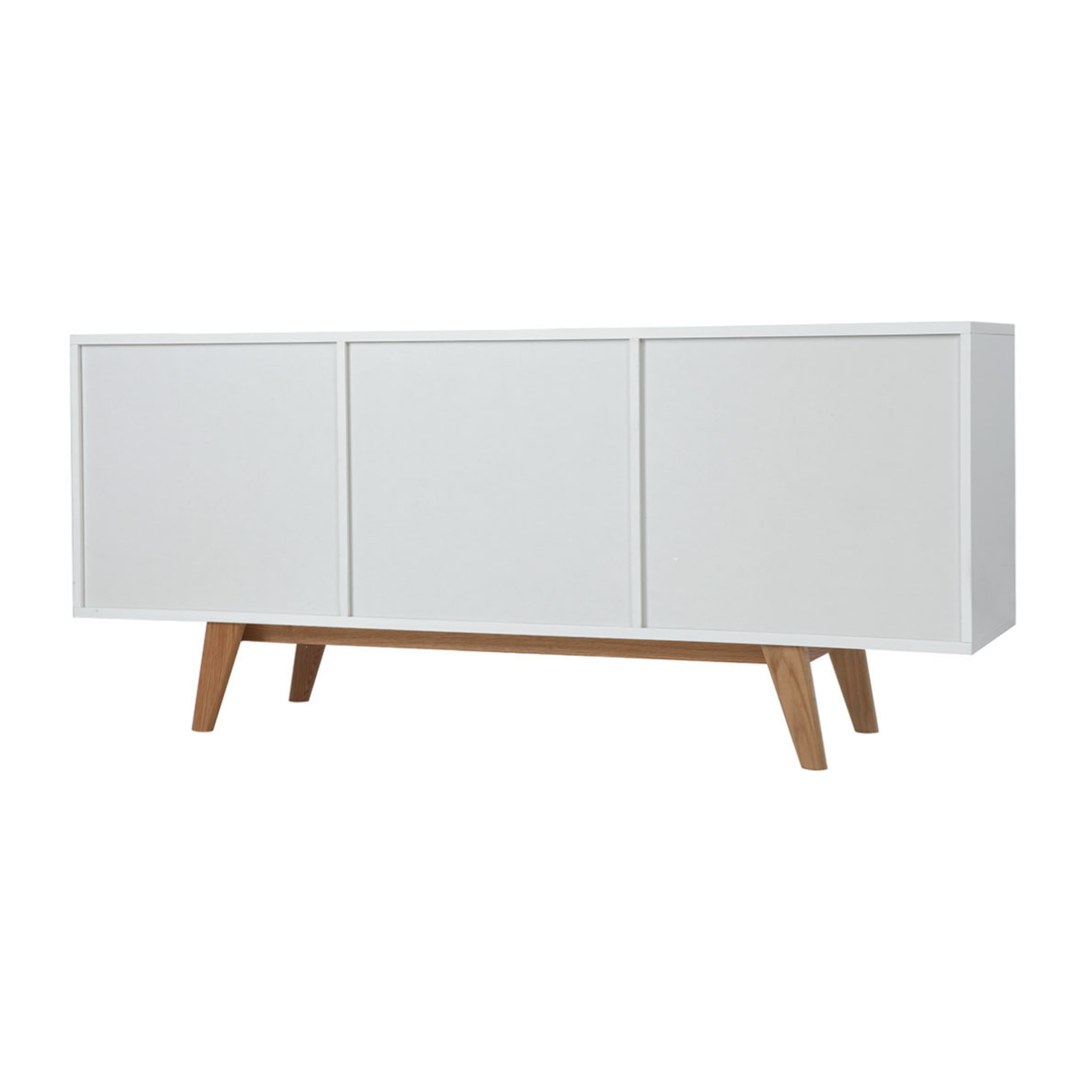 Buffet scandinave blanc laqué brillant et finition bois clair 2 portes 2 tiroirs L160 cm MELKA