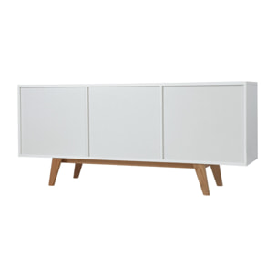 Buffet scandinave blanc laqué brillant et finition bois clair 2 portes 2 tiroirs L160 cm MELKA