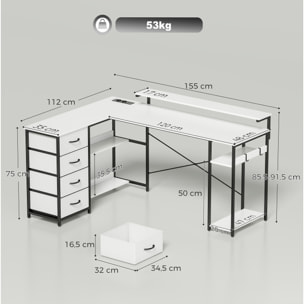 Escritorio Esquinero con 4 Cajones de Tela, 155x112 cm, Escritorio en L Reversible con 2 Enchufes y 2 Puertos USB, Soporte para Monitor, 2 Ganchos, para Oficina en Casa, Estudio, Blanco