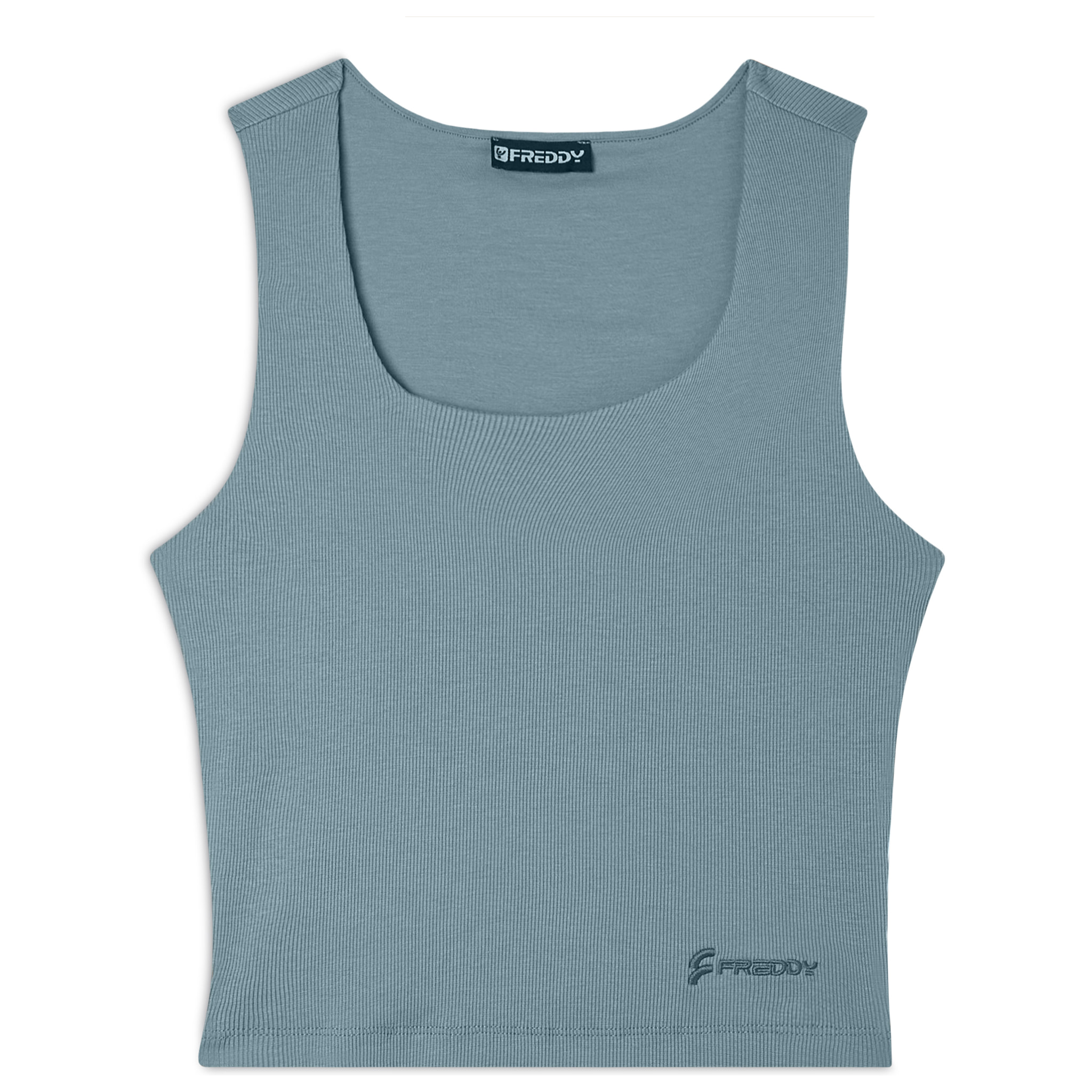 Top a costine stretch con scollo asimmetrico