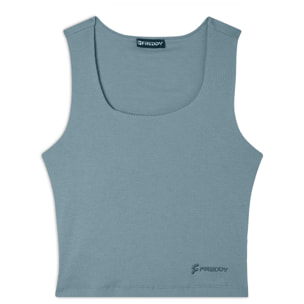 Top a costine stretch con scollo asimmetrico