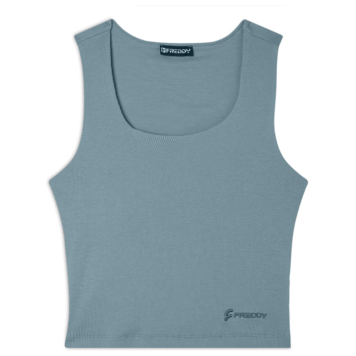 Top a costine stretch con scollo asimmetrico