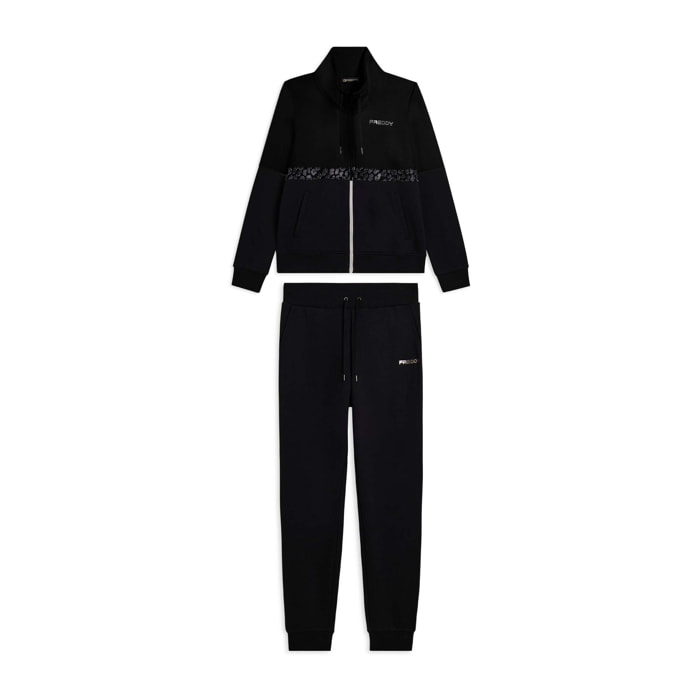 Tuta con zip e collo alto decorata da inserti animalier