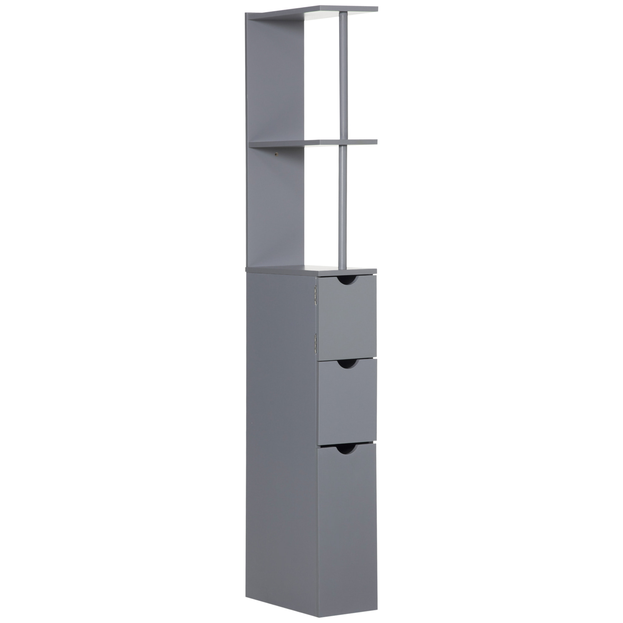 Columna Auxiliar de Baño Moderno Armario de Baño Mueble Auxiliar de Baño con 2 Estantes 2 Cajones y 1 Puerta Antivuelco 15x33x136,5 cm Gris