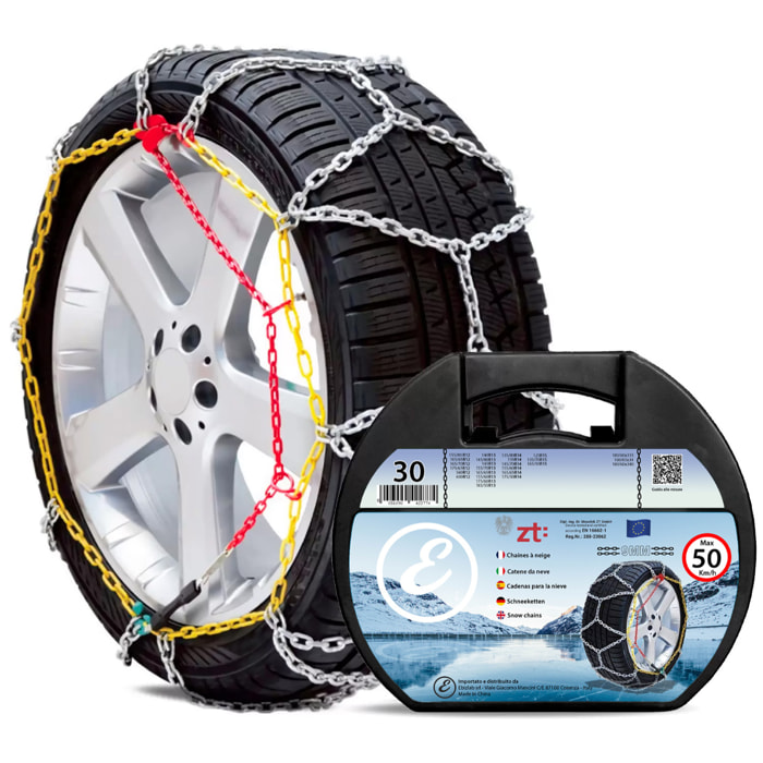 Catene da Neve in Metallo 9 mm Omologate TÜV e GS Onorm - Montaggio Rapido con Tensionatore Autobloccante per Auto, SUV e Furgoni (Misura 30)