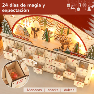 Calendario de Adviento para Rellenar de Madera, con Luces LED y 24 Cajones, Calendario de Adviento de Navidad Reutilizable con Escena de Pueblo, Decoración Navideña, 36x10x34 cm, Natural
