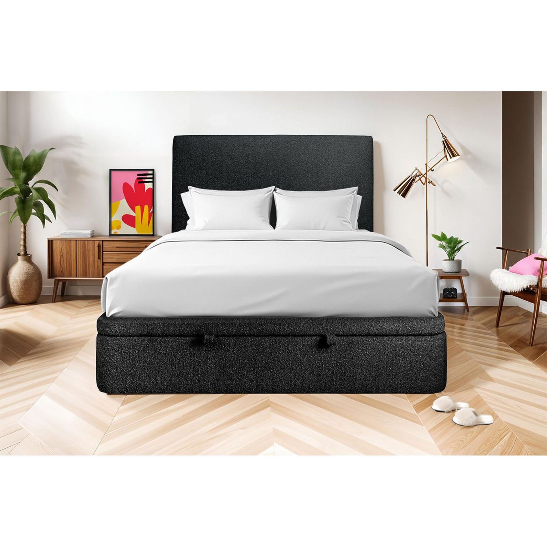 Lit avec sommier et tête de lit lisse - Tissu bouclette au style épuré - Adapté à tous les matelas, montage rapide - Grand Rangement
