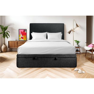 Lit avec sommier et tête de lit lisse - Tissu bouclette au style épuré - Adapté à tous les matelas, montage rapide - Grand Rangement