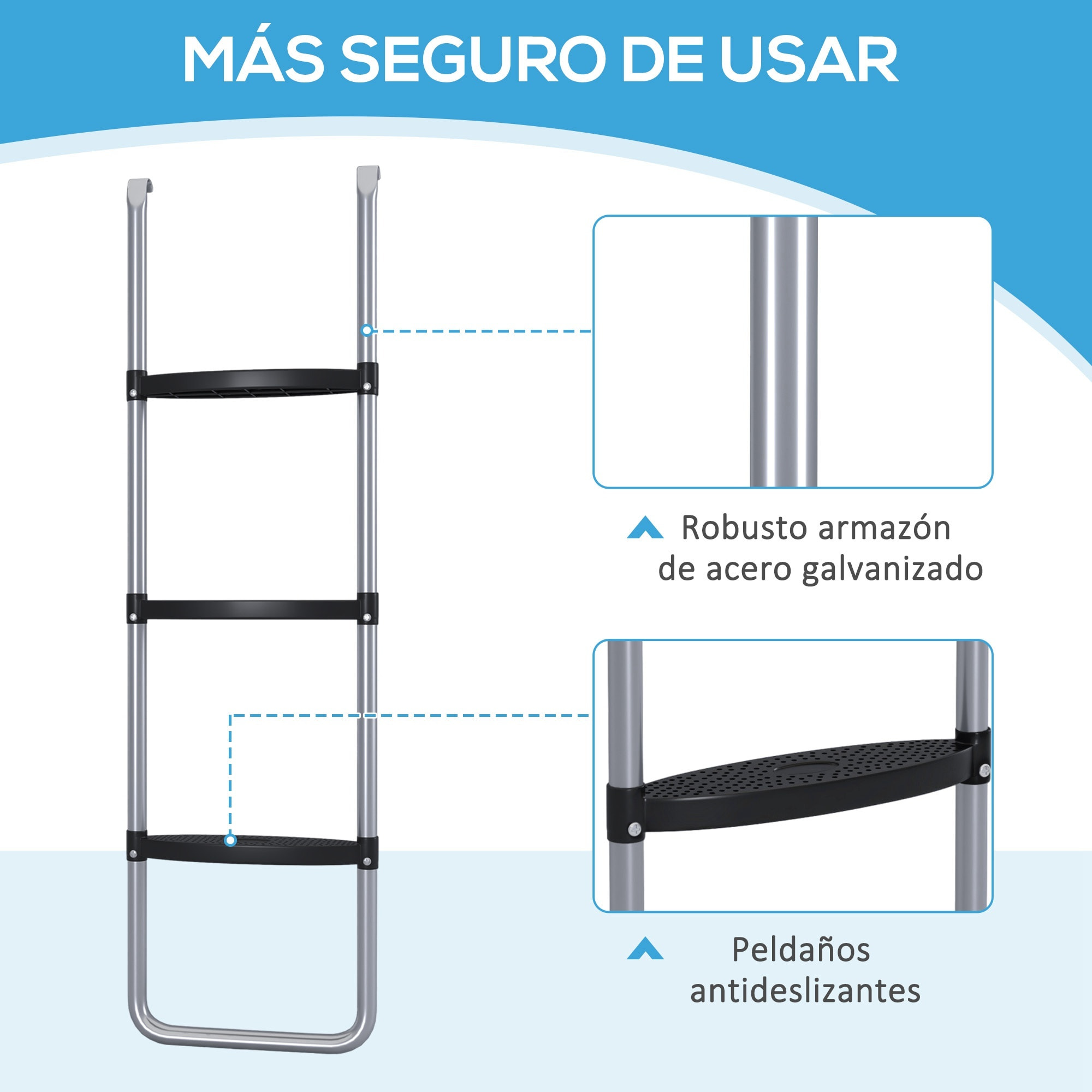 Escalera para Trampolín de Acero Escalera para Cama Elástica de 3 o 2 Escalones con Escalones Anchos y 2 Ganchos Carga 120 kg 110x32 cm Plata