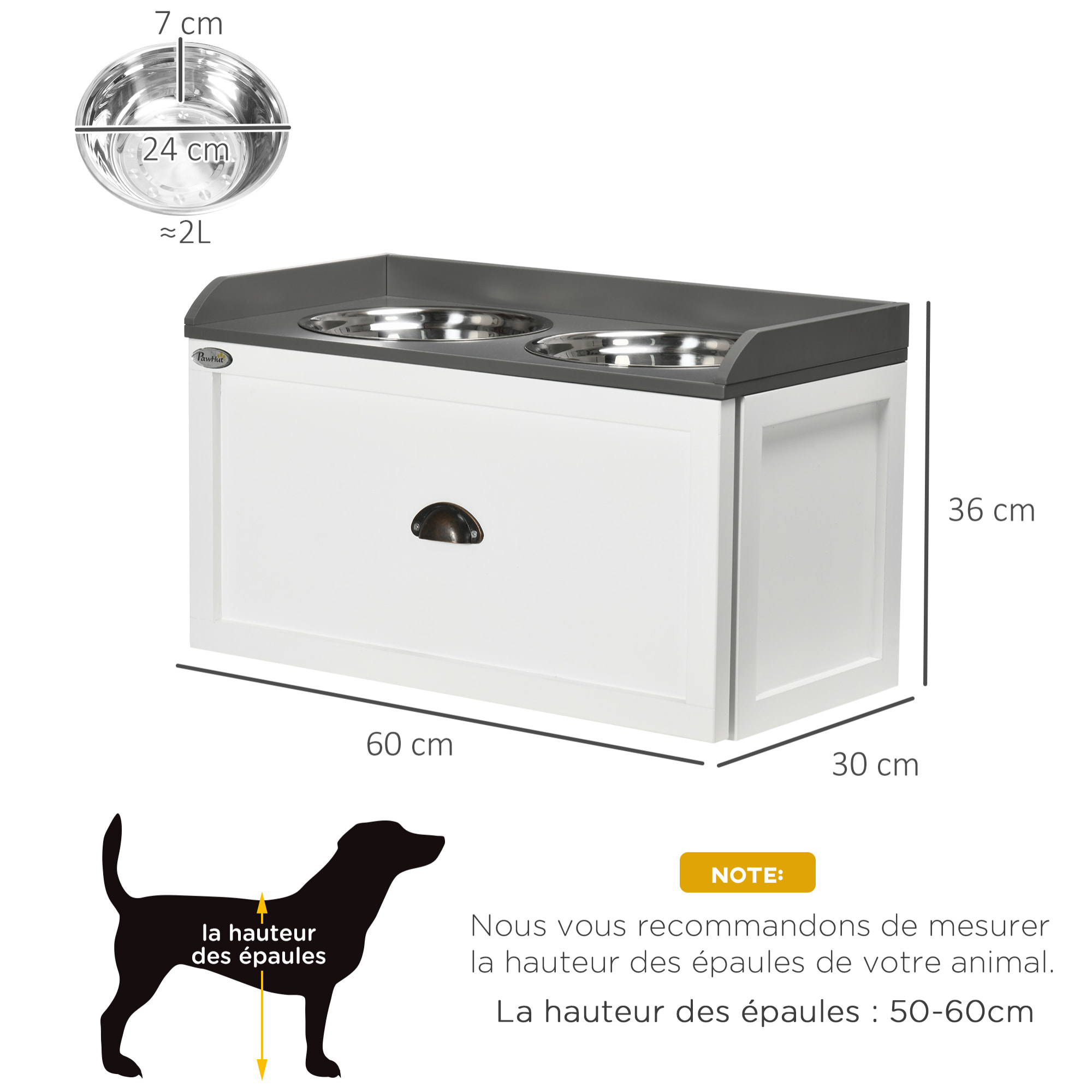 Gamelle double chien chat - porte-gamelles surélevé rangement 2 en 1 - tiroir, 2 gamelles - acier inox. MDF blanc gris