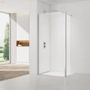 Walk-in 90x200cm Paroi et retour pivotant en verre Crystal Glass® 8 mm anticalcaire , avec bras et profilés chrome brillant