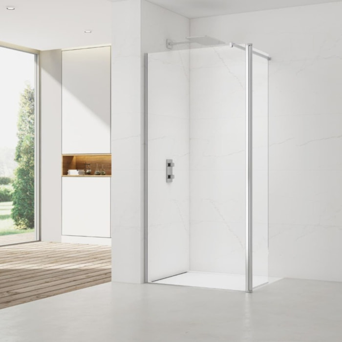 Walk-in 90x200cm Paroi et retour pivotant en verre Crystal Glass® 8 mm anticalcaire , avec bras et profilés chrome brillant
