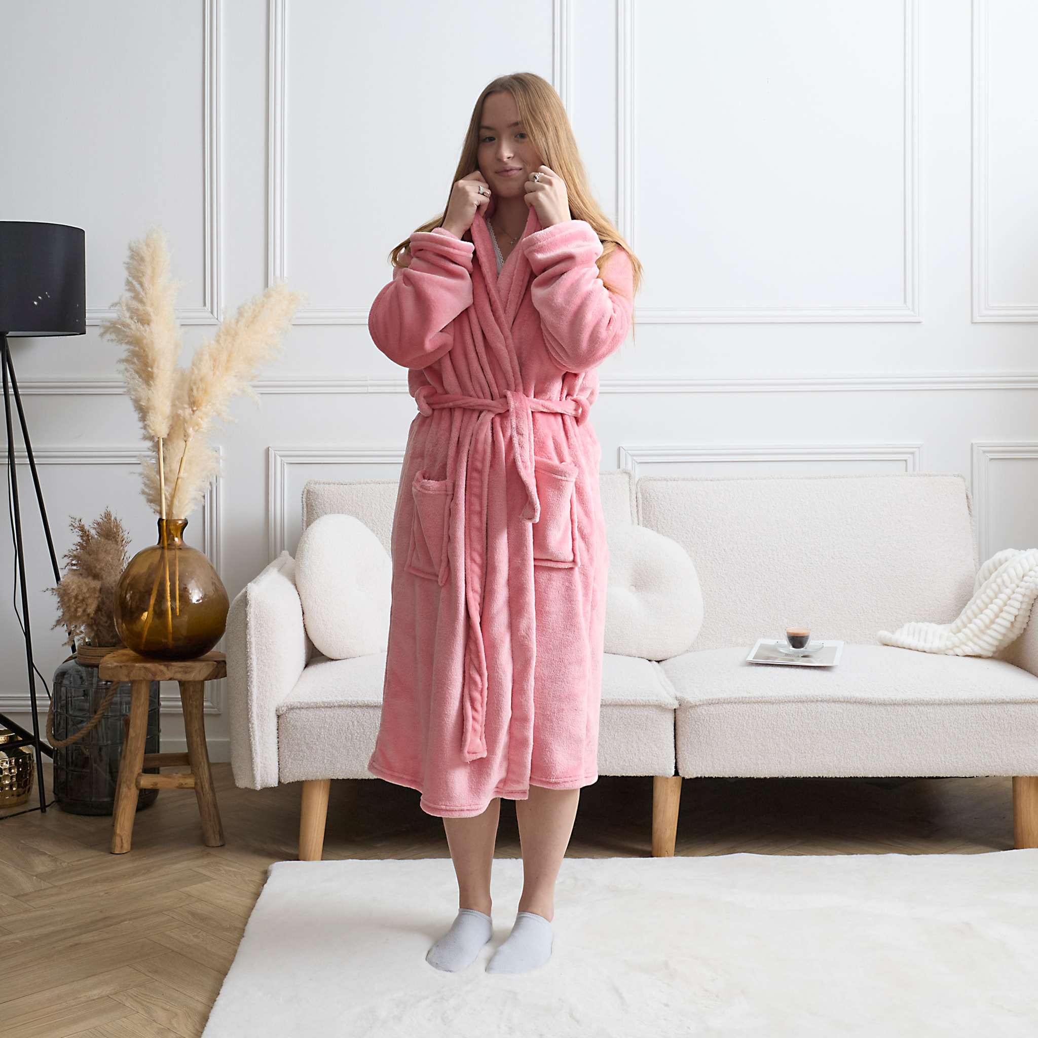 Robe de chambre - THE CONCEPT FACTORY - Sherpa - Ultra douce - Rose et blanc