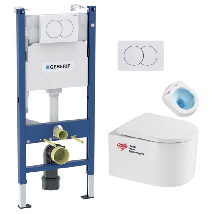Pack WC Bati-support Geberit + WC sans bride Tornado Swiss Aqua Technologies + abattant SoftClose + Plaque (DELANOTQGEB3-DE)
