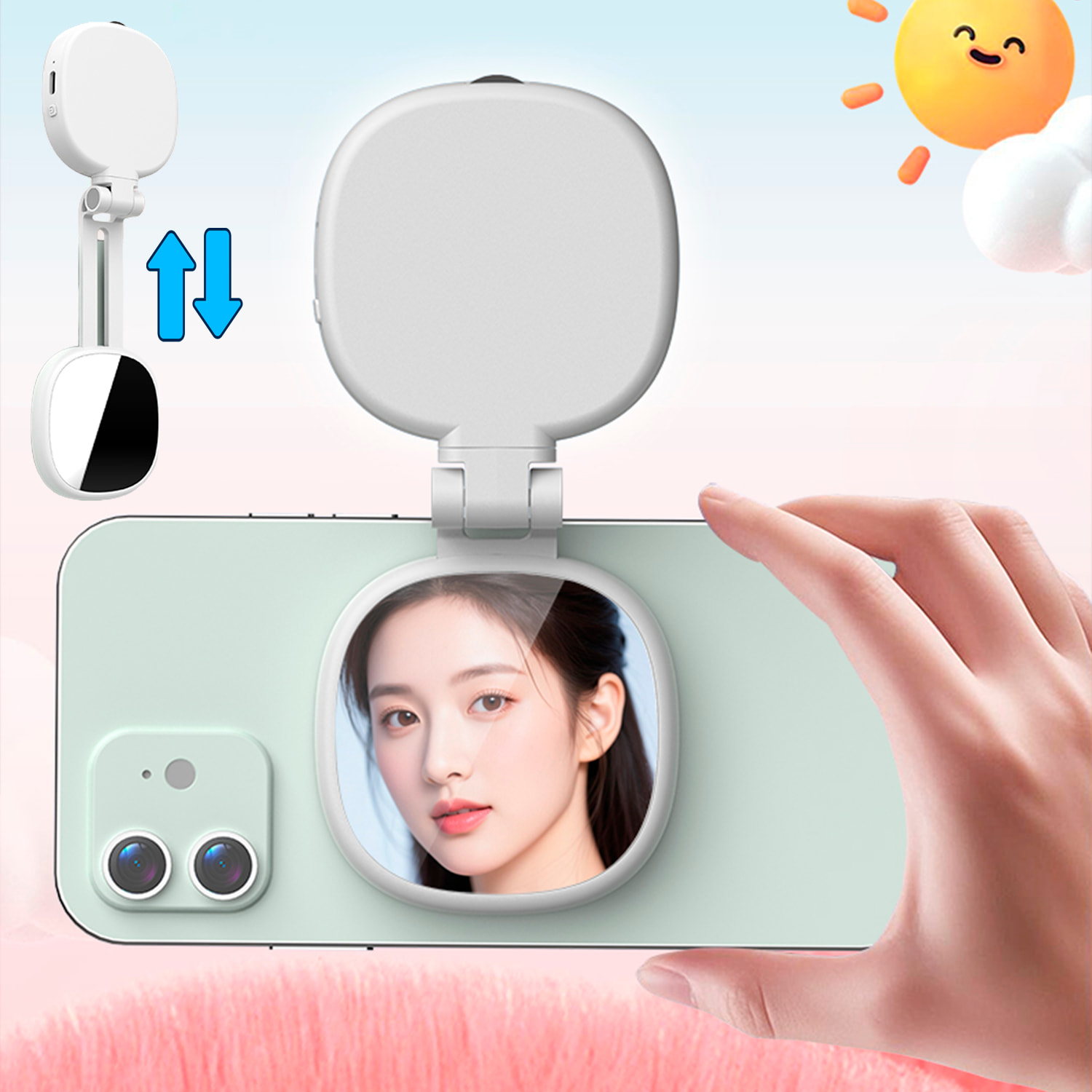 Lámpara de iluminación suplementaria para selfies con espejo, 3 tipos de luz, regulación de brillo y batería recargable.
